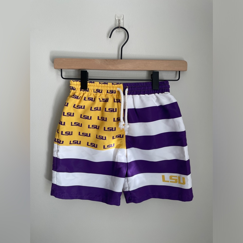 VIVE LA FETE Collegiate LSU Tigers Purple Flag Swim Trunks Toddler Size 4 NWOT